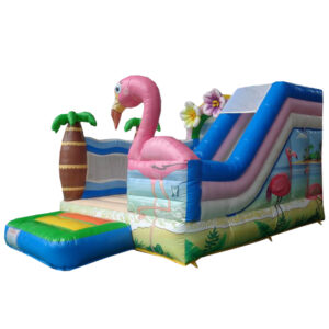 château gonflable flamant rose plage avec Toboggan