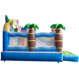 château gonflable flamant rose plage avec Toboggan