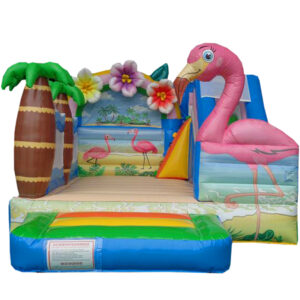 château gonflable flamant rose plage avec Toboggan