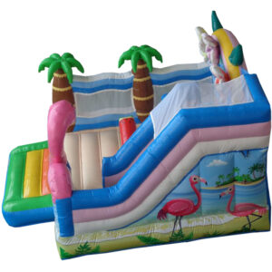 château gonflable flamant rose plage avec Toboggan